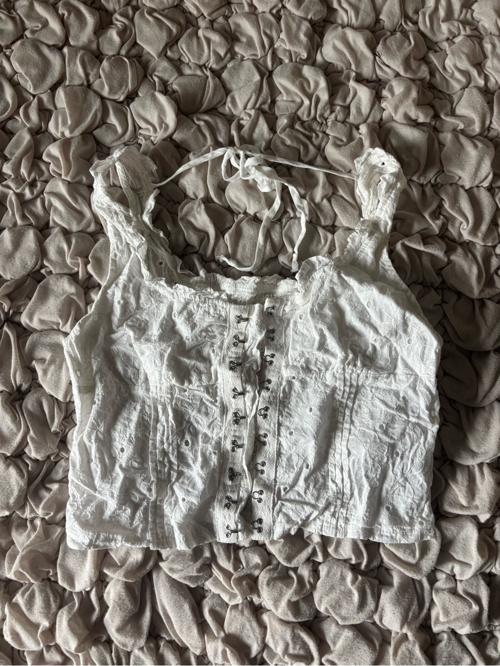 White Eyelet Cropped Hook-and-Eye Tank Top